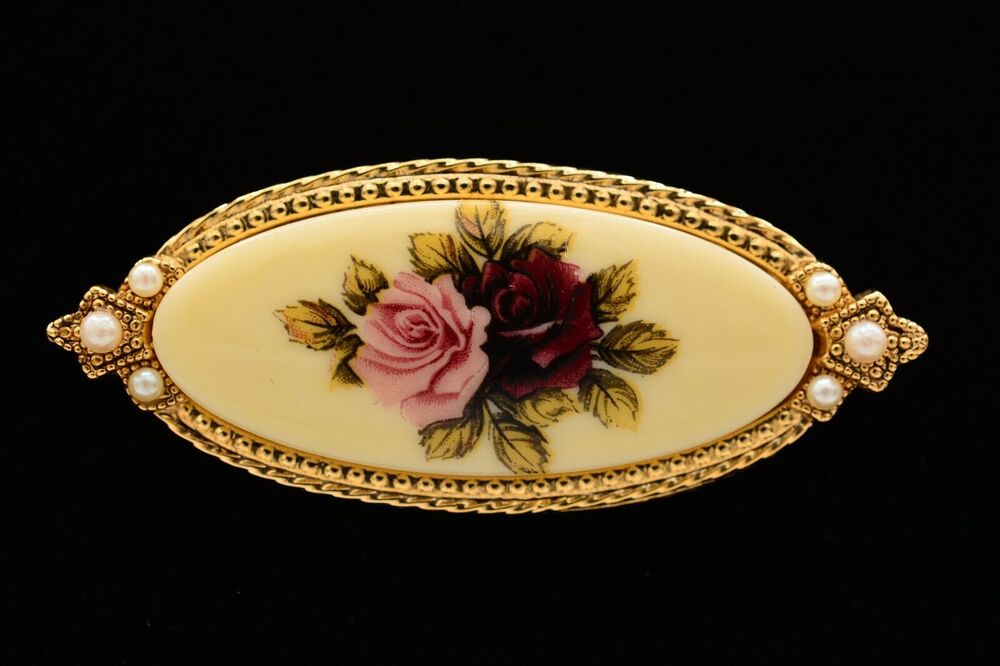 1928 Vintage Rose Pin Brooch Oval Pink Purple Antiqued Gold Romantic 1990s BinF